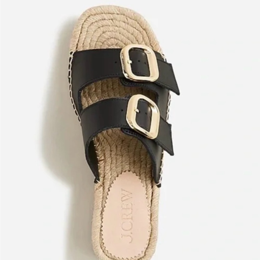 J. Crew | black leather double buckle espadrille slide platform sandal